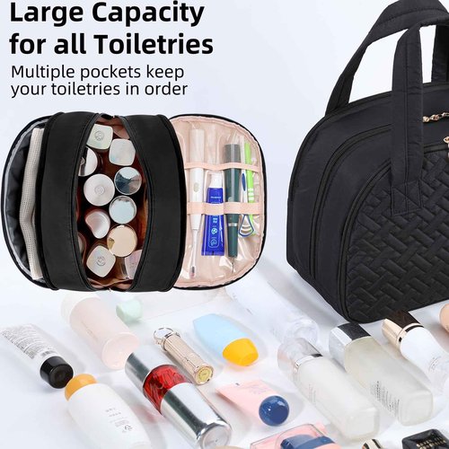 LYFFXYH Initial Travel Toiletry Bag, Personalized Cosmetic Bags Birthday Gifts for Women, Makeup Bag Organizer with Handle, Travel Bag for Toiletries with Brush Holder (A, Black)