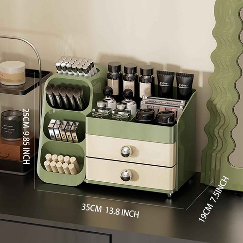 Makeup Organizer Countertop For Women,Brush Holder, Makeup Storage Organizer with 2 Drawers, Spacious Cosmetic Display Case for Beauty Essential, Skincare, Lipstick (Green)