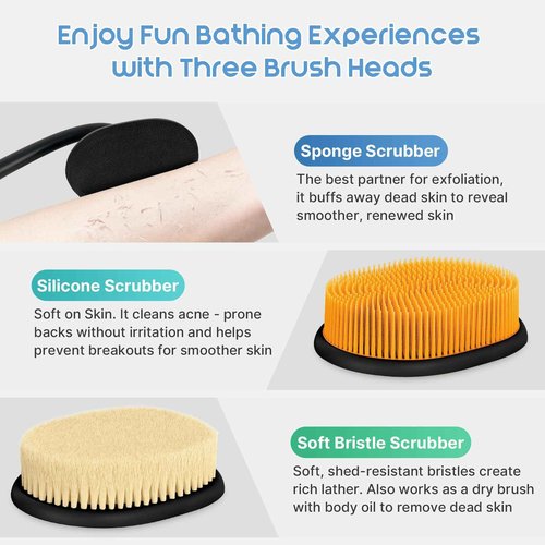 Flexible Up-Down Movement Back Scrubber for Shower for Men & Women, 3 Detachable Back Brush Heads Includes Silicone Body Scrubber, Sponge Bath Brush & Bristle Shower Brush, Wet/Dry Brush, Black