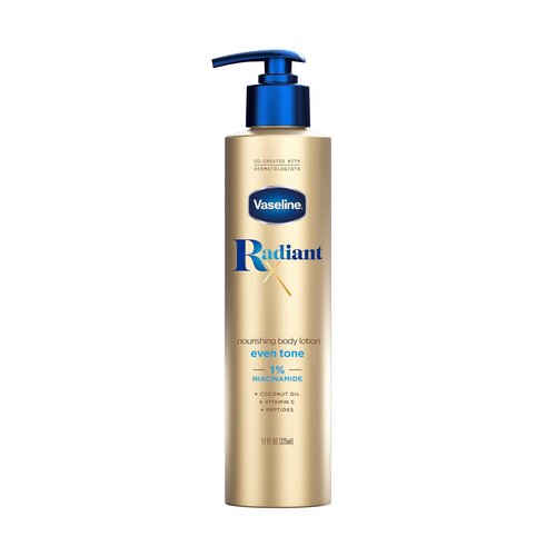 Vaseline Radiant X Even Tone Nourishing Body Lotion With 1% Niacinamide, Coconut Oil, Vitamin C, & Peptides 11 oz & Illuminate Me Shimmering Body Oil Created for Melanin Rich Skin