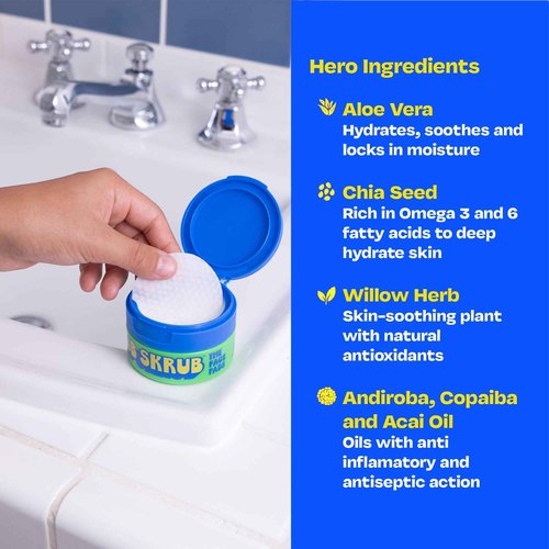 JB SKRUB The Face Pads - Kids, Tween Boys & Teens Acne Cleansing Pads for Cool Confidence - Say Goodbye to Greasy Skin and Hello to Freshness - 40 Cleansing Wipes, Single Pack