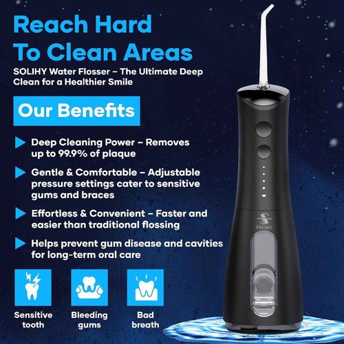 SOLIHY Cordless Water Flosser, Water Dental Flosser, Rechargeable Irrigation Cleaner,4 Modes Portable Water Flosser with 5 Nozzles, Water Flossers for Teeth, Dental Tools (Black)