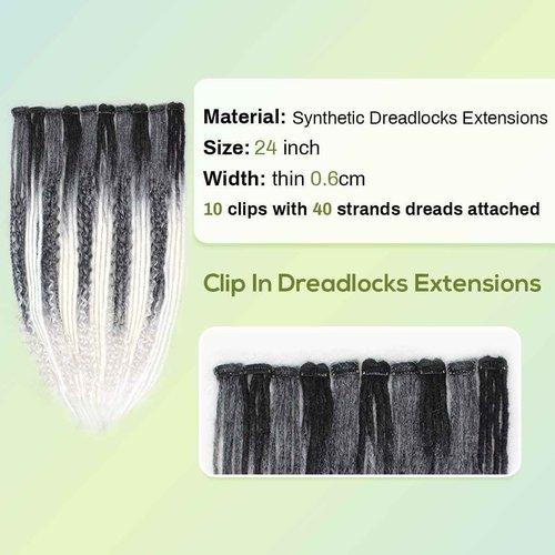 Pouweney 10PCS Clip in Dreadlock Extensions Full Sets, 24 inch Synthetic Clip Dreads Extensions Handmade Soft(gray/white, Clip-in 40 Strands)