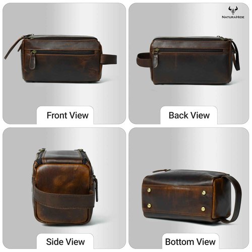 Leather Toiletry Bag for Men – Handmade Travel Kit, Small Leather Shaving & Toiletry Organizer, Durable Waxed Canvas Lining (Brown)