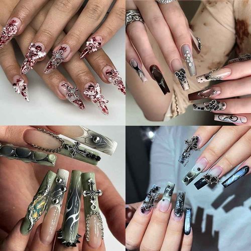 Y2K 3D Chrome Gem Nail Charms - Black Gothic Set with Cross, Heart, Tombstone, Red & Retro Designs - DIY Bracelet Charms(Black) (Black+Silver)
