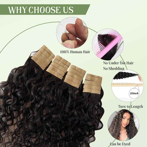 Curly Tape in Hair Extensions,14inch Natural Black Water Wave Real Human Hair Tape in Extensions 20pcs 50g Black Wavy Tape on Hair Extensions for Black Women