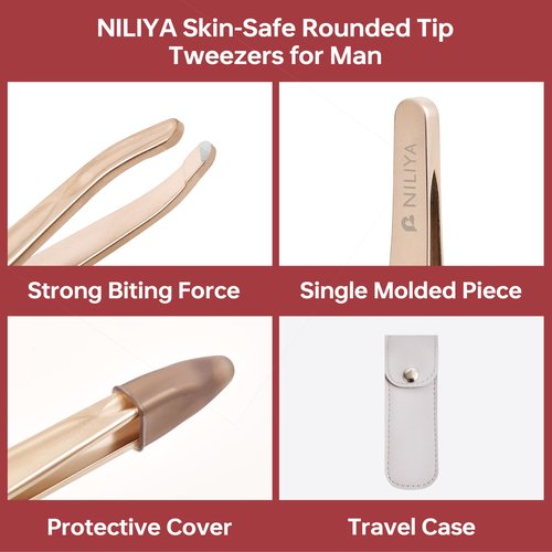 NILIYA Beard Tweezers for Man, Professional Round Tip Pucker for Chin, with Leather Travel Case (Champagne gold)