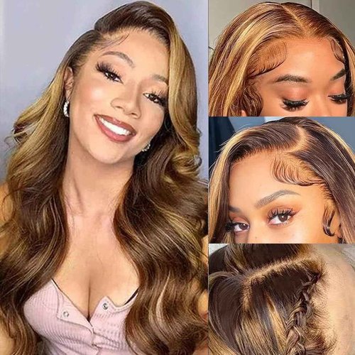 Lagalaga 18 Inch Color P4/27 Body Wave Wigs Human Hair Highlight Blonde Wis 200% Density Highlight Lace Frontal Wig 4x4 Lace Closure Wig Human Hair Pre Plucked For Black Women