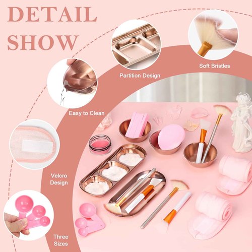 28 Rose Gold Facial Supplies 3 Facial Mask Mixing Bowls 3 Facial Fan Brushes 3 Mask Applicator Brushes 3 Mask Measuring Spoons Skincare Tray 3-Compartment Tray 12 Facial Sponges 2 Spa Headbands