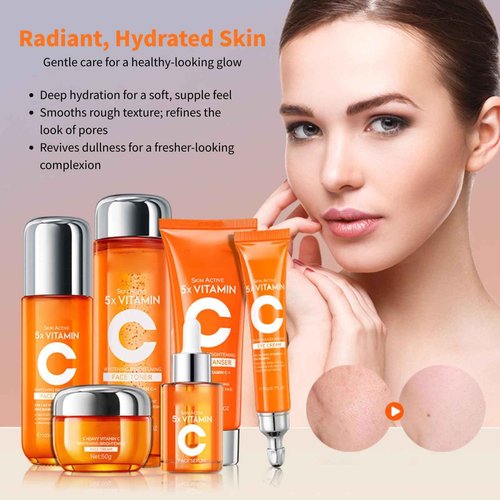 6PCS 5x Vitamin C Skincare Set with Niacinamide – Includes Cleanser, Toner, Serum, Eye Cream, Face Cream & Lotion – Hydrating 5 Heavy Vitamin C Korean Skincare Gift Kit for Women