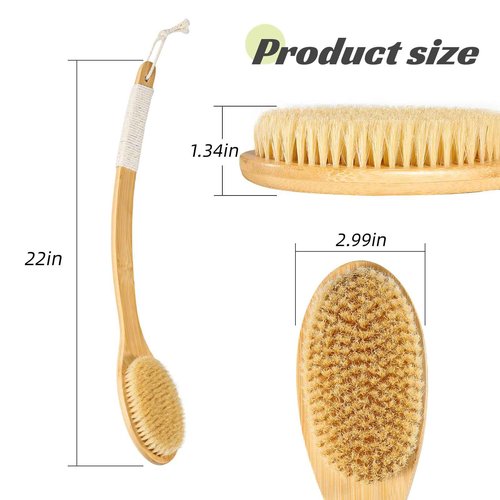 Bath Body Brush Shower, 22" Super Long Curved Bamboo Handle Antiskid Back Body Scrubber Wet/Dry Brushing, Moderately Soft Natural Bristle Body Brush for Showering