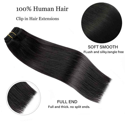 Clip in Hair Extensions Real Human Hair 14Inch 120g/set Straight Human Hair Clip in Extensions 7pcs Thick Remy Brazilian Human Hair Clip ins for Women Jet Black Color