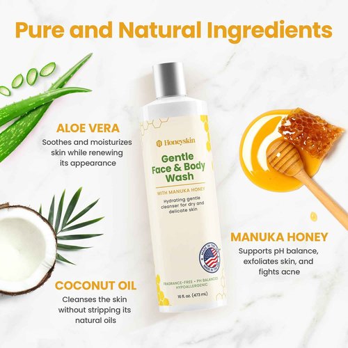 Face and Body Wash for Women and Men - Acne Body Wash Moisturizing for Sensitive Skin - Hydrating Facial Cleanser - Gentle Exfoliating Wash - with Manuka Honey (16oz)