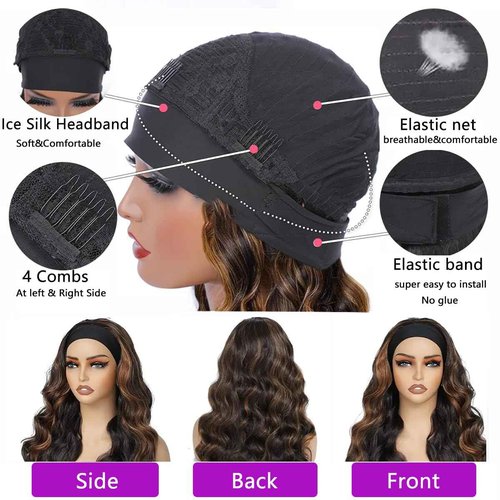 Comfair Headband Wigs Human Hair Half Wigs for Black Women 1B30 Color Wear and Go Glueless Bob Headband Wigs Short Straight Wigs 180% Density No lace Headband wig