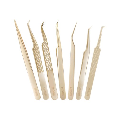 MGER Lash Tweezers for Eyelash Extensions,Diamond Grip 90 Degree Fiber Tip Volume Lash Extension Tweezers,Gold (7Pcs Tweezers Set)