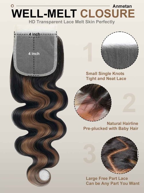ANMETAN Honey Blonde Highlight 4x4 Closure Body Wave Human Hair, Balayage Colored F1B/30 Black with Brown 12A Remy Hair 4x4 HD Transparent Lace Closure Pre-plucked Free Part Natural Hairline 14 Inch
