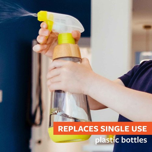 Full Circle Bottle Service-Sustainable Refillable Glass Spray Bottle for Cleaning-Versatile Stream & Mist Option, Bamboo,Silicone Protection Boot-Ideal for Kitchen,Plant,Hair & Beauty Care,16oz,Green