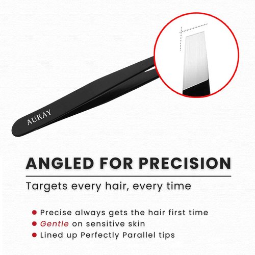 Eyebrow Tweezers Stainless Steel Facial Hair Removal Tweezers for Men & Women in Black with Slanted Tip for Easy Plucking by AURAY