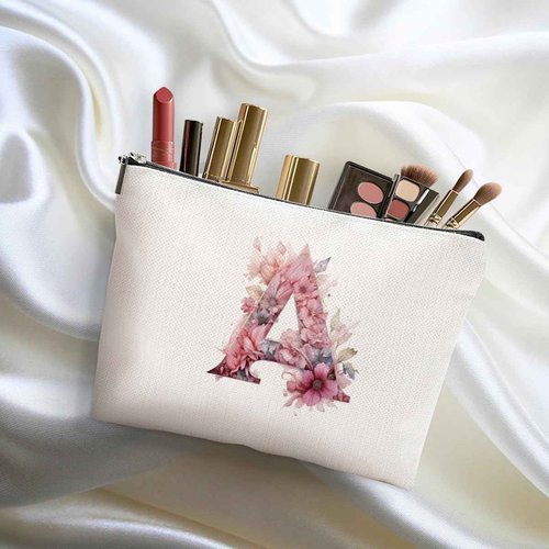 DHKG Initial Makeup Bag Personalized Cosmetic Bag Monogrammed Gifts for Women Girls Bride Friend Travel Organizer Zipper Pouch Teacher Gifts Mothers Day Birthday Bridal Shower Gifts, Pink Letter A