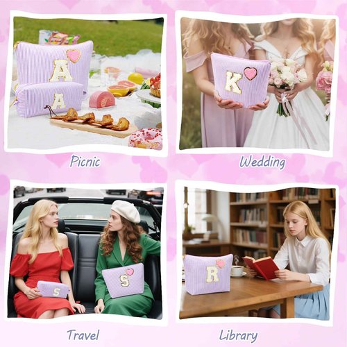 Personalized Initial Makeup Bag Gifts Preppy Cosmetic Bag Trendy Toiletry Travel Bag For Teen Girls Kids Women Letter Makeup Pouch Purse Holiday Gifts Birthday Christmas Gifts 2pack (A, Purple)