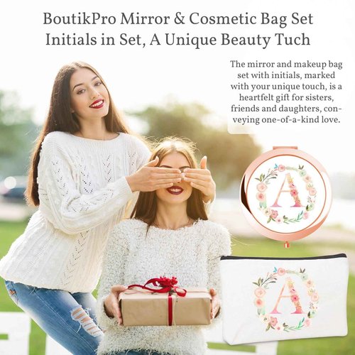 Personalized Gift Initial Compact Mirror w Makeup Bag for Women Sister Daughter Mom Wife, Floral Monogram Alphabet Small Mirror Ideal Gift on Birthday, Christmas, Graduation (A + Bag, ROSE GOLD)