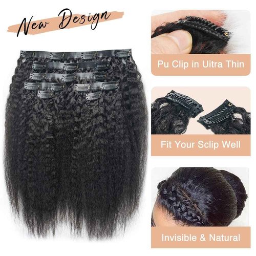 Niawigs Kinky Straight Seamless Clip Ins for Black Women Human Hair Clip In Hair Extensions Real Human Hair PU Invisible Hair Extensions 7pcs Set 22 Inch 130 Grams