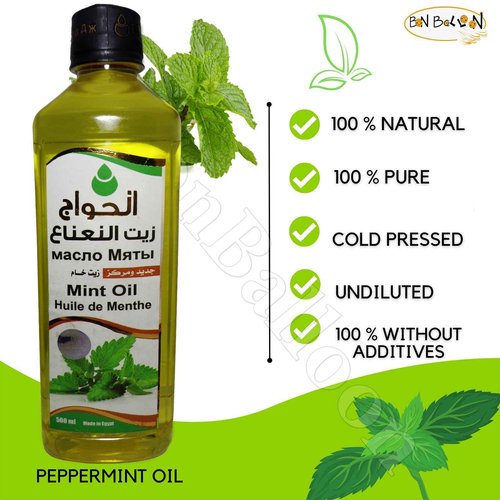 Pure & Natural Peppermint Oil Cold Pressed Al Hawaj Elhawag El Hawag Natural Concentrated Crude Perfect Fresh Mint Oils for Body & Skin & Hair (1 Pack = 17.64 oz / 500 ml) زيت النعناع الحواج