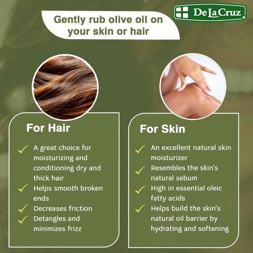 De La Cruz Pure Olive Oil - Natural Expeller Pressed Olive Oil for Hair and Skin - Lightweight Body Oil for Dry Skin 8 Fl Oz (Pack of 2)