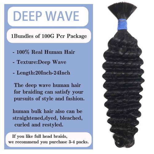 Deep Wave Bulk Human Hair for Braiding No Weft 100g (One Bundles) 100% Unprocessed Brazilian Virgin Human Hair Extensions Human Braiding Hair For Micro Braids Wet And Wavy Curly Deep Bulk 22 inch