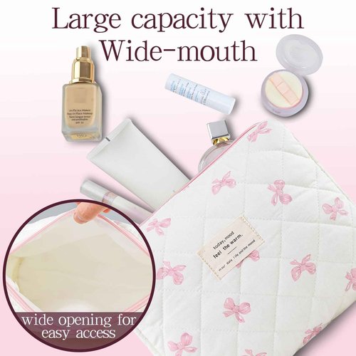 AMZMA Makeup Bag, 3 PCS Quilted Makeup Bag, Cute Floral Cotton Cosmetic Bag set, Coquette Makeup Pouch Large Travel Toiletry Bag