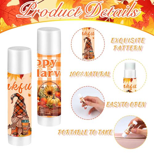 QAUYETM 50 Set Thanksgiving Gifts Lip Balms Bulk Fall Party Favors 6 Assorted Flavors with Cards Autumn Pumpkin Maple Leaf Chapstick Thanksgiving Gifts for Women Men Coworkers