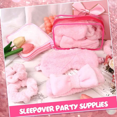 FIONUPI 30 Pcs Spa Sleepover Party Supplies 6 Bow Makeup Headband 6 Pink Plush Sleep Eye Mask 6 Velvet Scrunchies 6 Makeup Remover Cloth 6 Clear Cosmetic Bags for Women Slumber Party Favors