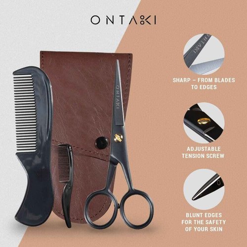 ONTAKI 3 Scissors pack - 1 German Beard & Mustache Scissors With Comb - 2 Facial Grooming Nose Hair Scissors - (1 Curved Blade Tip & 1 Safety Blunt Rounded Tip)