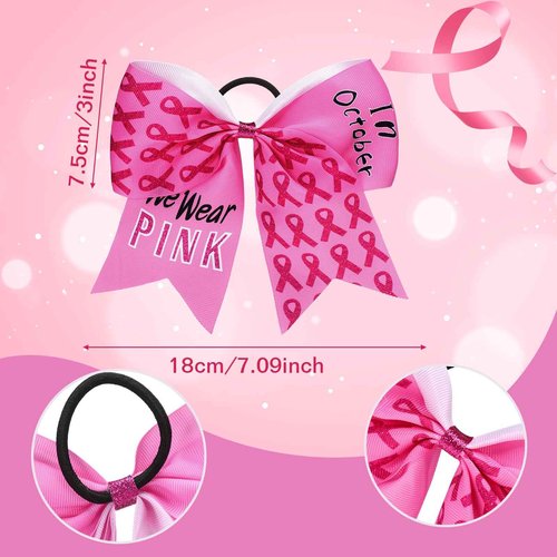 Suncalla 48 Pcs 7 Inches Breast Cancer Awareness Cheer Hair Bows Large Pink Ribbon Bow Scrunchie Glitter Hair Accessories Breast Cancer Awareness Decoration Elastic Scrunchie Band for Women