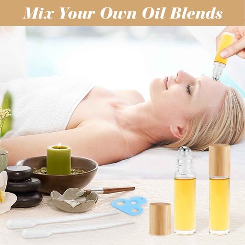 Mirrline 20 Pcs 10ml/0.34oz Roll On Bottles Clear Glass Essential Oil Roller Bottle Refillable Perfume Sample Bottles with Bamboo Lids & Stainless Steel Roller Ball -1 X Opener & 2 X Pipettes