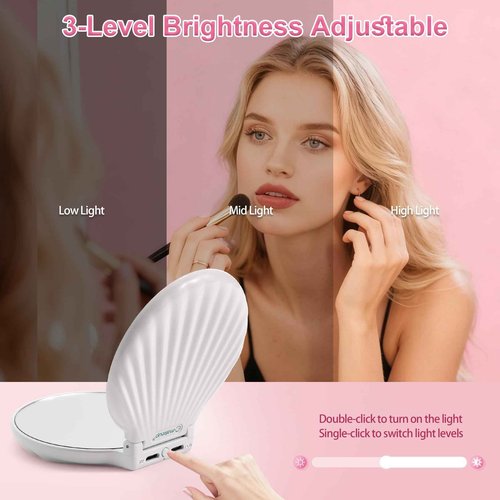 Compact Makeup Mirror with Lights Travel Vanity Mirror with Lights Small Compact Mirror 2x/10x Magnification & LED Lighted, Magnifying Mirror Portable Adjustable Rechargeable, White