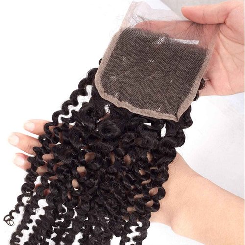 Brazilian Kinky Curly 4x4 Lace Closure 100% Unprocessed Human Virgin Hair Pre Plucked Jerry Curly Pre-Plucked Hairline Frontal Closure Natural Black With Baby Hair (14inch, curly closure)