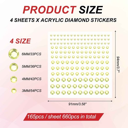 PATIKIL 660 Pcs Acrylic Gem Sticker, 4 Size 3/4/5/6mm Self Adhesive Rhinestones Face Gem Stones Bling Jewelry for Nail Art Craft Clothes DIY Makeup Decoration Party, Light Yellow