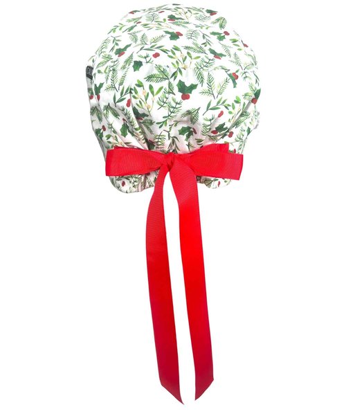 CALOMED Scrub Cap for Women, Euro Style Scrub Caps, Working Hat, Head Cover with Ribbons and Buttons, Long or Short Hair (Christmas Hollyberries)