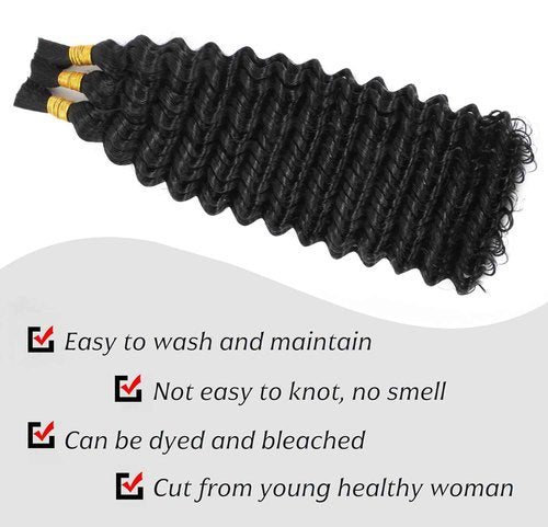 Human Braiding Hair for Boho Braids Deep Wave Bulk Human Hair 120g 14 Inch 12A Knotless Boho Braiding Curly 100% Virgin No Weft Extensions Bohemian Braids 3 Bundles/Pack Natural Color