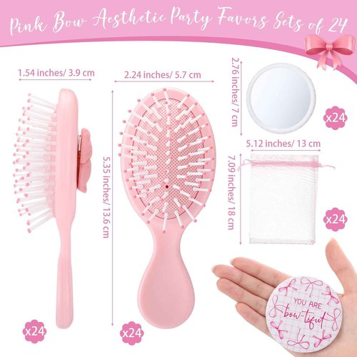 Wonderjune 24 Set Coquette Bow Party Favor Compact Mirror Pink Mini Hair Brush Organza Bag Inspirational Aesthetic Preppy Gift for Women Christmas Birthday Bridal Baby Shower Wedding Party Decoration