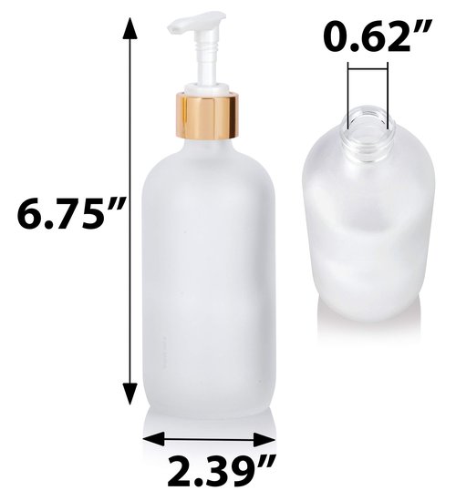 JUVITUS (4 pack) 8 oz Clear Frosted Glass Boston Round Bottle with Gold Lotion Pump