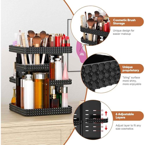 DALEMKY 360 Rotating Makeup Organizer - Black Acrylic Makeup Storage for Vanity, Cosmetic Organizer with Lotion and Perfume Holder for Dresser