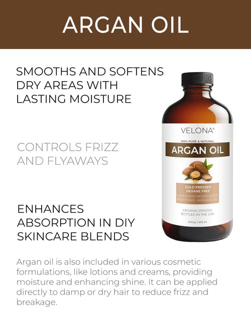 velona Argan Oil - 16 Fl Oz in Glass Bottle | 100% Pure and Natural | Morocco Oil | Skin, Body and Face Care | Nails Protector | Unrefined, Cold Pressed | Cap Kit