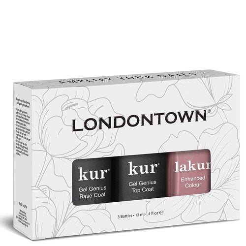 LONDONTOWN Manicure Trio Set Gel Genius Top & Base Coat, Lakur Nail Polish, Crowning Crumpet Sheer Mani