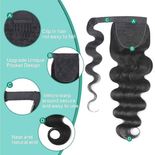 Humistwbiu Human Hair Body Wave Ponytail with Magic Paste Warp Around 100% Brazilian Virgin Human Hair Ponytail for Black Women Natural Color 18 Inch