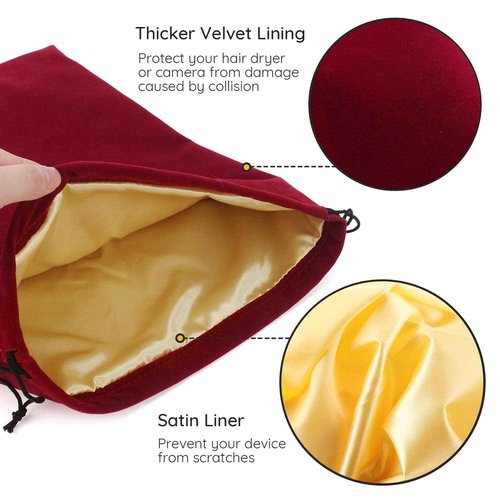 Segbeauty 3Pcs Hair Dryer Storage Bag, Blow Dryer Bag, 11.8x15.7 inches Satin Lined Organizer with Drawstring Wine Red Velvet Pouch Bag for Diffuser Straighteners Brush Clothes Gift Present
