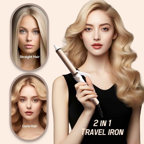 CONCARE Curling Iron, 2 in 1-Straightening & Curler, 1 Inch Dual Voltage Travel Hair Straightener with Negative Ions, Fast Heating (Gold)