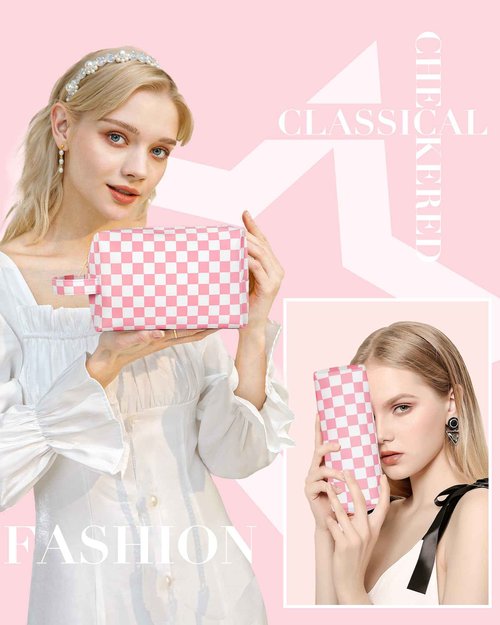 2Pcs Makeup Bag for Women, Large Checkered Cosmetic Bags with Small Makeup Brushes Bag Set, Cute Leather Make Up Organizer with Zipper, Travel Skincare Toiletry Storage Pouch for Teen Girls Gift(Pink)