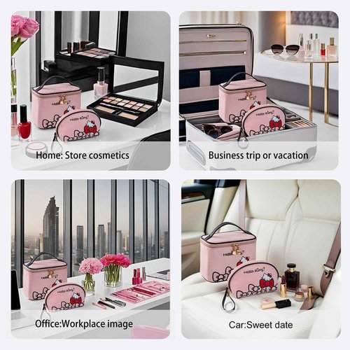 AmBealla Travel Makeup Bag Large Cosmetic Bags with Brush Holder, Pink Waterproof 2PCS Portable Cosmetic Case for Women, Toiletry Storage Bag for Skincare & Beauty Tools for Girls